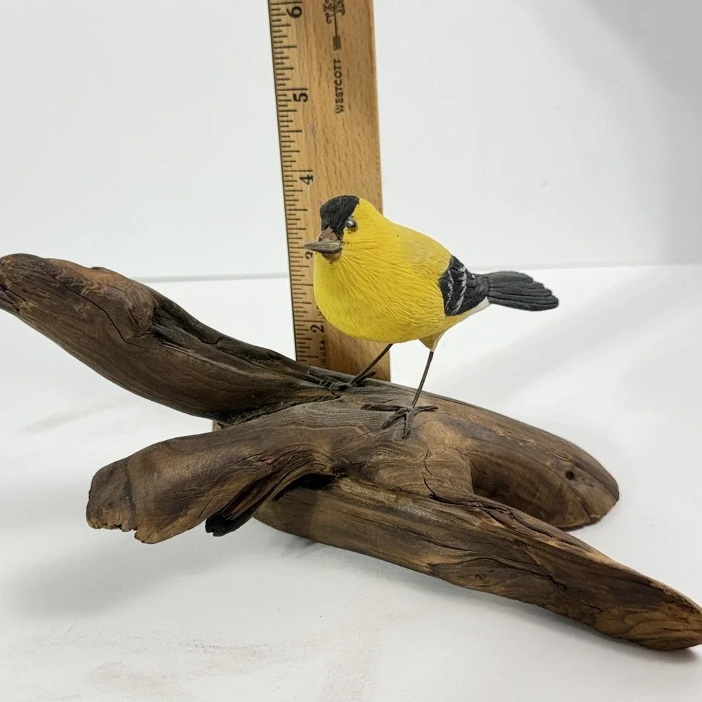 Vintage Hand Carved Wood Gold Finch Bird Figurine Driftwood Branch Signed